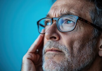 Fototapeta premium Close-up of middle-aged man with glasses contemplating, blue background, deep wrinkles, focused expression, realistic skin details, studio lighting