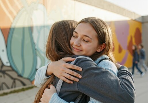 Two students are embracing each other, expressing friendship and support in a school environment