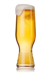 A tall glass of beer with a golden hue and frothy head, isolated on a clean white background
