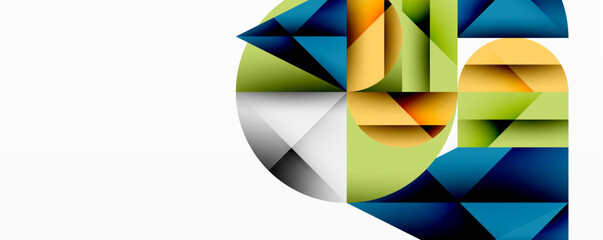 Abstract geometric composition. Overlapping shapes create dynamic visual effect. Colors include green, blue, orange, white, gray. Modern design.