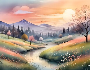 watercolor mountain vista at sunset with flowing river