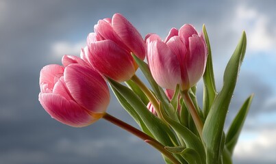 Pink tulips against a cloudy sky, ideal for spring themes