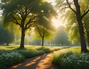 idyllic meadow path with dappled sunlight