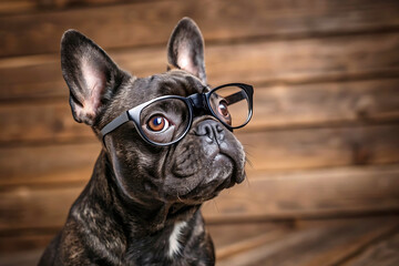 Fototapeta premium Charming French Bulldog Portrait – Stylish Glasses, Expressive Gaze, and Rustic Wooden Background with Soft Lighting
