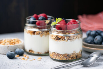 Fitness dessert greek yogurt parfait with berries, granola