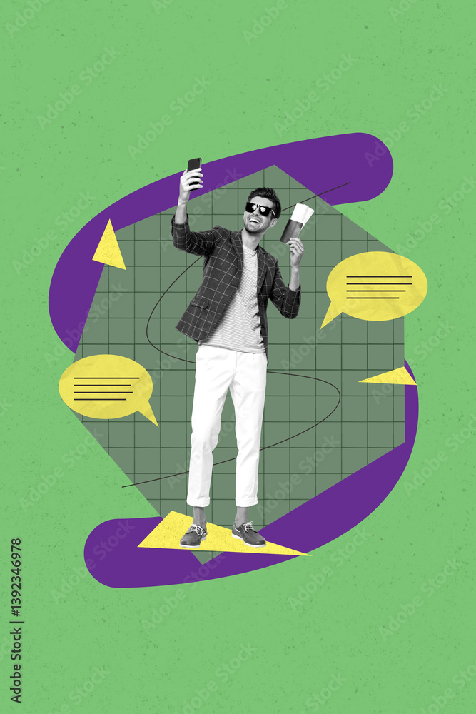 Poster pop trend collage of person with text box comments on green color background