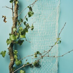 tree trunk branches, there is a white net, blue wall background