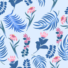 Seamless pattern with bright flowers and tropical leaves of palm tree on black background. Botany vector background, jungle wallpaper.