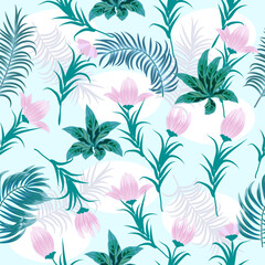 Seamless vector pattern with tropical palm leaves and pink flowers on white background.