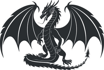 Black silhouette of a fierce dragon with wings, showcasing a mythical and powerful creature.