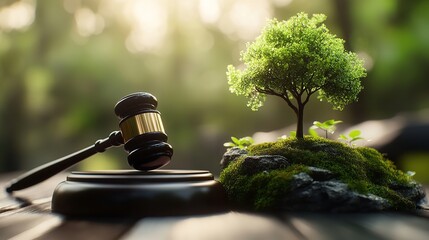Concept of environmental law with a gavel and small tree growing in soil, symbolizing justice and sustainability.
