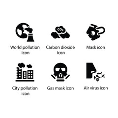 World pollution, Carbon dioxide, Mask, City pollution, Gas mask, Air virus, Black Icon Set