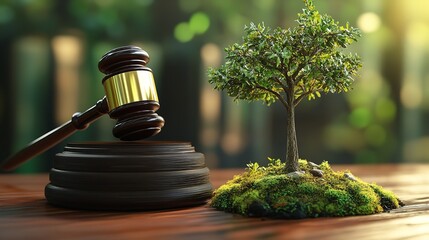 Concept of environmental law with a gavel and small tree growing in soil, symbolizing justice and sustainability.
