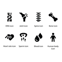 Fototapeta premium DNA, Joint, Spine, Bone, Heart rate, Sperm, Blood, Human body, Black Icon Set