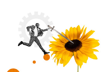 Creative full art collage of happy american man run sunflower flower bloom carry excalibur sword...