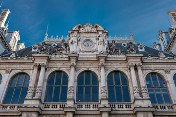 Detail of Palais de la Bourse de Lyon with clear sky