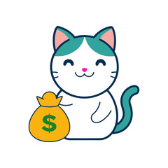 Charming Cat Holding Coin. Cute Vector Illustration for Finance and Savings Themes
