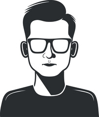 Stylized black and white illustration of a man with glasses in a minimalist design.
