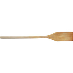 A wooden spatula used for cooking, featuring a flat head and a long handle for mixing or flipping...