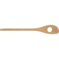 A wooden cooking spoon with a hole in the handle, used for stirring and serving food.