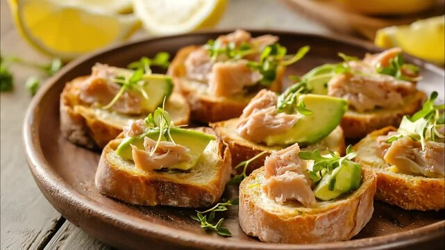 Close-up of mini toasted bread slices topped with creamy avocado and tuna, a delicious and healthy appetizer