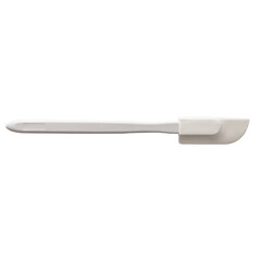 A white plastic spatula used for mixing or spreading food ingredients.