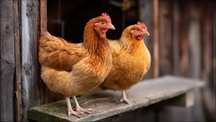 Two brown hens perched on wooden plank in coop