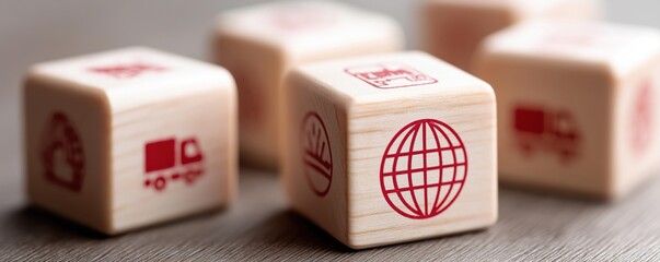 Wooden blocks with various icons, including a globe and vehicles, arranged on a surface, suggesting themes of logistics and global connections.