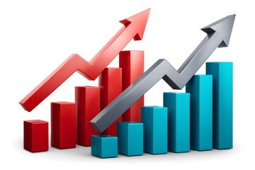 Red and blue growing bar graph with upward trending arrows symbolizing market growth