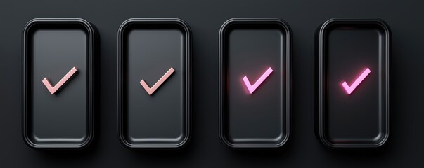 Four rectangular buttons with check marks on a dark background, symbolizing confirmation or approval.