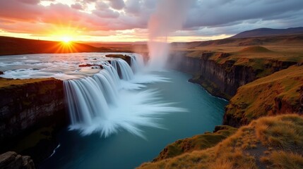 Aerial view of Skogafoss in Iceland at dawn with sunny weather.