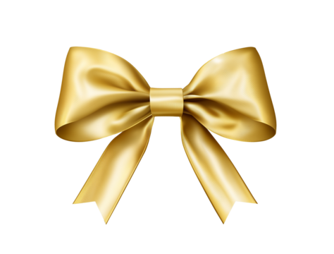  A soft, golden satin bow with gently curved tails is presented against a transparent background.