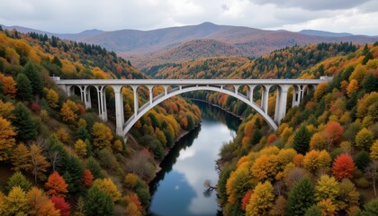 Fototapeta premium Drone view of a high bridge above a winding river and colorful trees