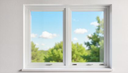 Obraz premium Freshly painted window frame reflecting blue sky and greenery, serenity