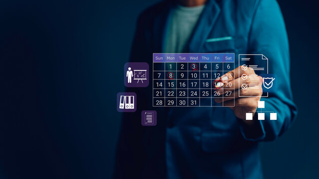 Businessman interacting with virtual calendar interface, symbolizing task scheduling, productivity planning, document management, and digital organization for business efficiency.