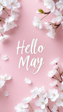 Hello may greeting with cherry blossom flowers