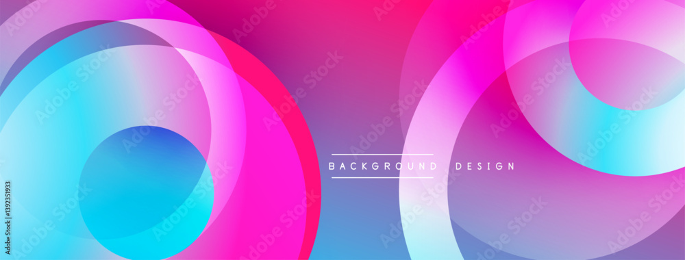 Poster Abstract vibrant circles overlap creating dynamic colorful background. Smooth gradients blend pinks blues purples. Modern design element.