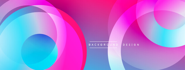 Abstract vibrant circles overlap creating dynamic colorful background. Smooth gradients blend pinks blues purples. Modern design element.