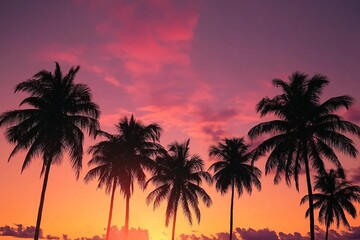 Obraz premium Silhouette of palm trees at sunset. Silhouette palm tree at tropical beach.