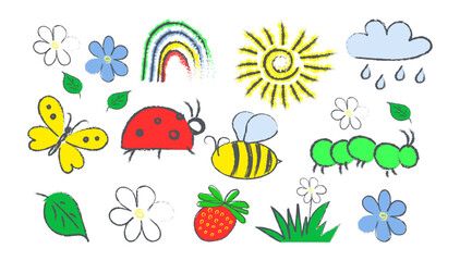 Children's drawing. Sun, cloud, beetle, butterfly, caterpillar, bee, rainbow, flower, strawberry, leaf. Bright colors.