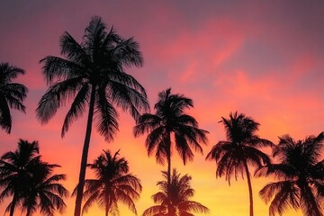 Obraz premium Silhouette of palm trees at sunset. Silhouette palm tree at tropical beach.