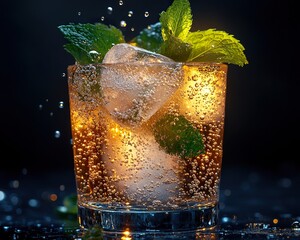 A lightly carbonated mint and lemongrass herbal drink with ice and bubbles rising to the surface, glowing under soft lighting.