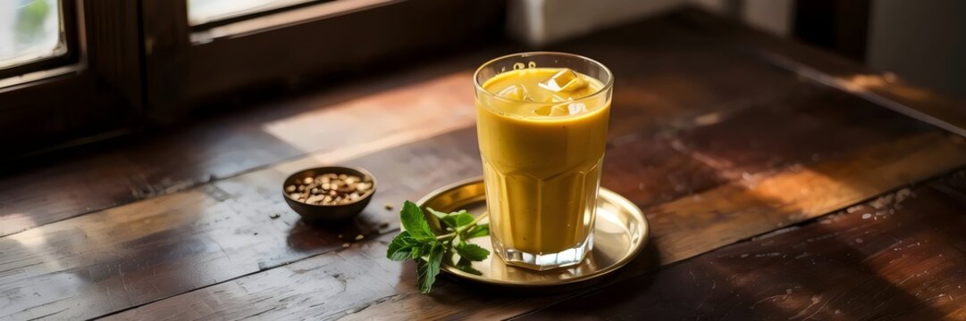 Turmeric lassi in glass with cumin and mint on mahogany table