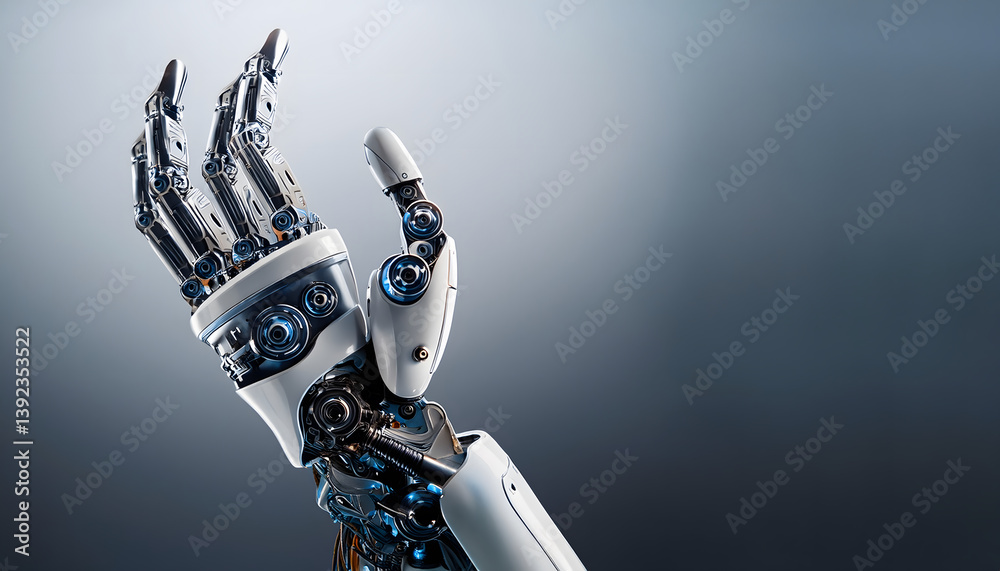 Poster A futuristic robotic hand extends, showcasing intricate mechanical details and a sleek metallic finish against a soft gradient background