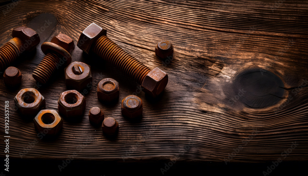 Poster Rusty bolts and nuts scattered on a textured wooden surface create an industrial and rustic aesthetic