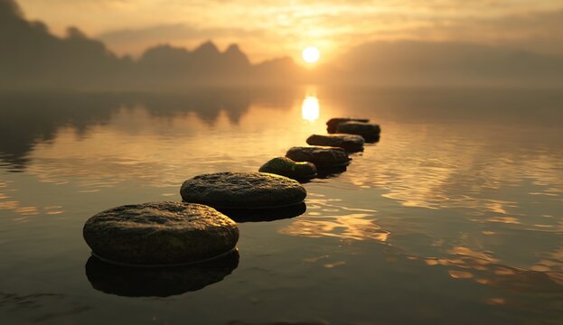 A stepping-stone path across calm water with distant mountains and sunrise/sunset glow, serene lakeside landscape, soft diffused lighting, minimalist composition
