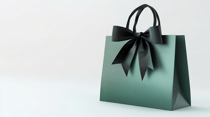 Elegant Green Gift Bag with a Black Silk Ribbon on a Plain White Background
