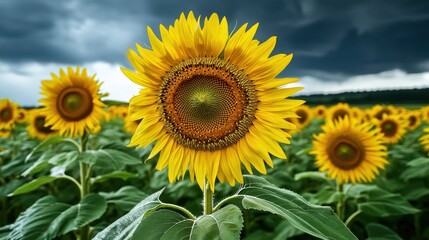 Obraz premium Vibrant sunflower field under dramatic stormy sky, showcasing nature's beauty and resilience