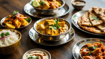Indian curry, naan, and aloo gobi on rustic wooden table – Great for food photography, Indian cuisine promotion, or home cooking content.