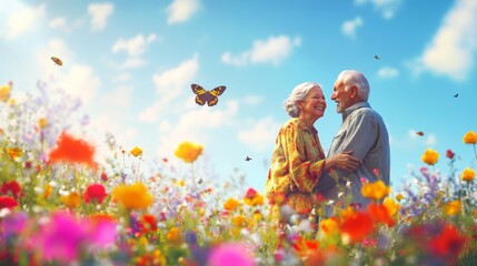 Smiling Senior Couple Enjoying Blooming Wildflowers and Butterflies in Nature